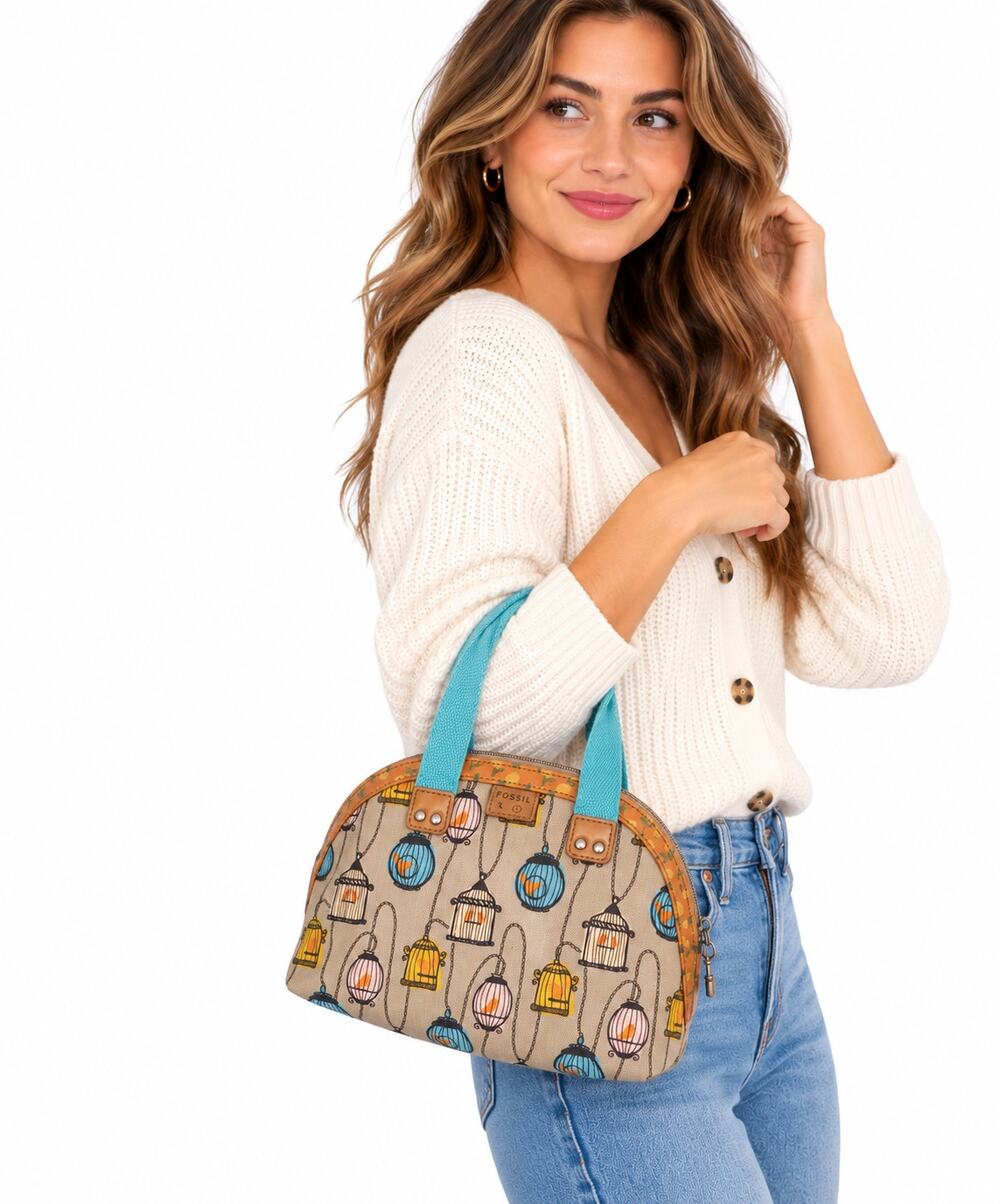 Fossil Birdcage Print Dome Satchel Purse Turquoise Handles Boho